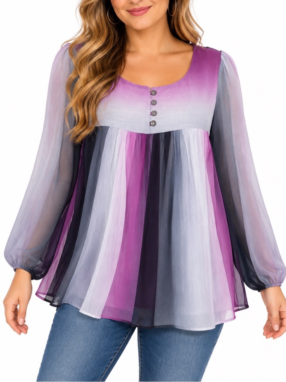 NY Collection Purple & Gray Ombre Sheer Sleeve Tunic Top- Medium